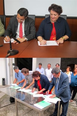 Firma de ambos acuerdos entre PSOE, IU y C's.