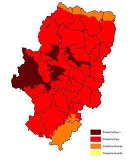 Mapa con prealerta roja + por riesgo de incendios forestales