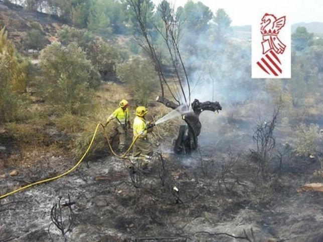 Los bomberos trabajan en el incendio de Jérica