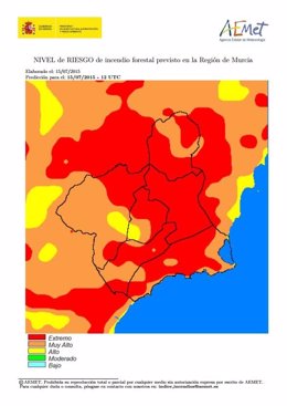 Mapa del riesgo de incendios este miércoles en la Región