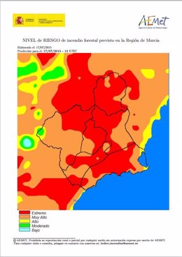 Mapa de riesgo de incendios en la Región este viernes