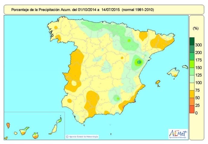 Balance de lluvias acumuladas desde el 1 de octubre hasta el 14 de julio de 2015