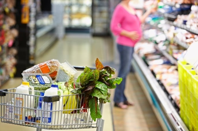 Embarazada, embarazo, mujer, bebé, alimentación, supermercado