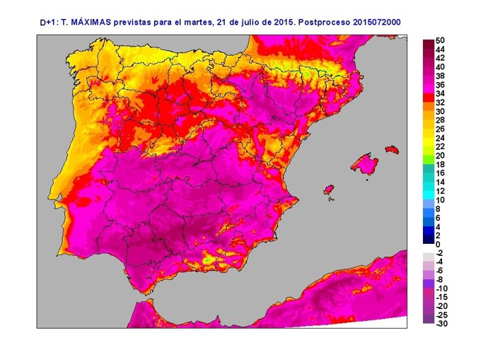 Temperaturas máximas previstas para el martes 21 de julio de 2015