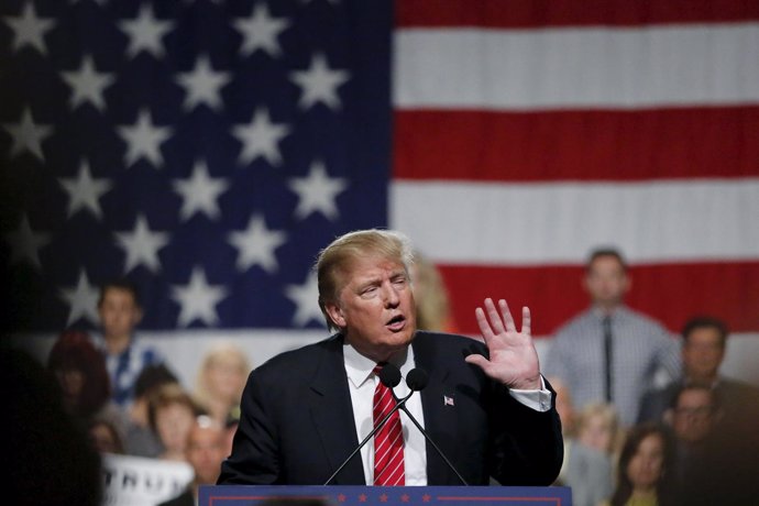 U.S. Republican presidential candidate Donald Trump speaks during a campaign eve