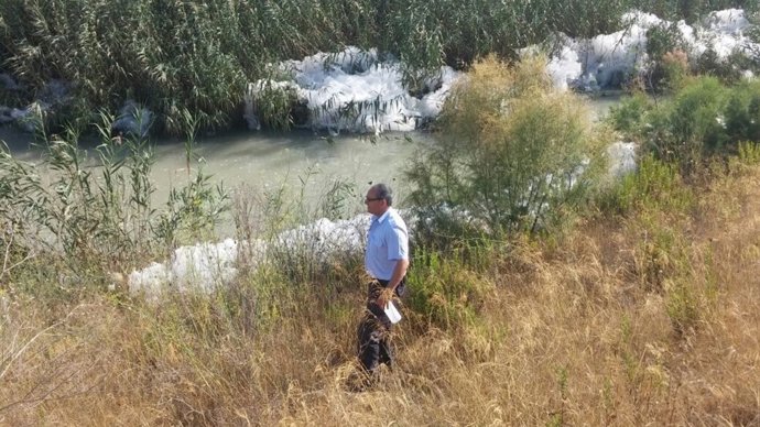 Imagen de los operarios de la CHS analizando la espuma del margen del río