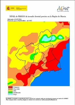 Mapa de riesgo de incendio forestal en la Región de Murcia