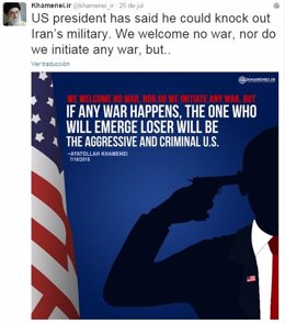 Mensaje publicado por el líder supremo iraní, el ayatolá Alí Jamenei, en Twitter