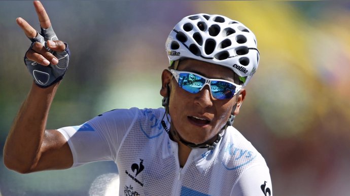 Movistar rider Nairo Quintana of Colombia crosses the finish line in the 20th st