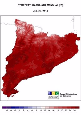 Temperatura media mensual de julio en Catalunya