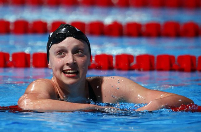  Ledecky Of The U.S. Reacts After Winning And Setting A New World Record In The 