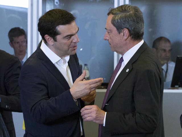Greek Prime Minister Alexis Tsipras talks with European Central Bank President 