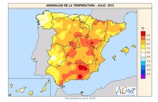 Mapa de temperaturas máximas de julio de 2015 