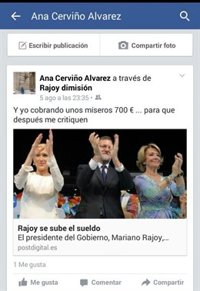 Un post en Facebook de la número 2 del PP en A Cañiza critica la subida de sueldo de Rajoy