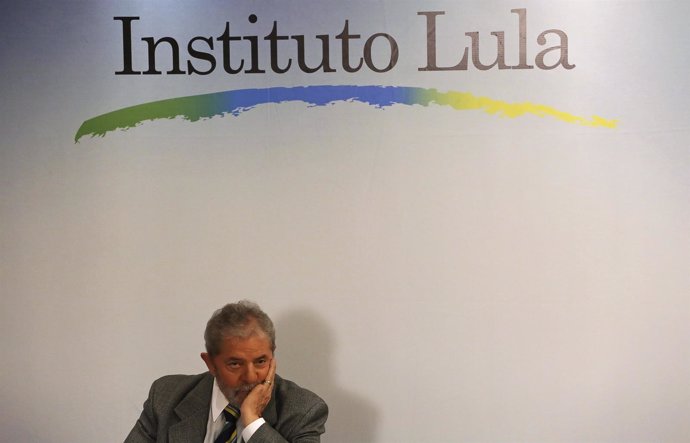 Brazil's former president Lula da Silva speaks during a news conference in Sao P