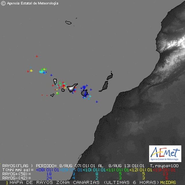 Rayos registrados entre las 07.00 y 13.00 horas
