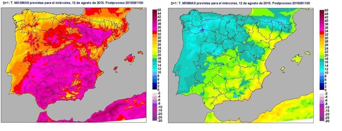 Mapa de temperatruas máximas y mínimas previstas para el 12 de agosto de 2015