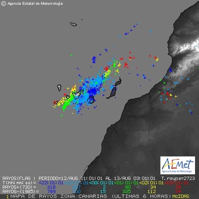 Localización de los rayos entre las 22.00 y 03.00 horas