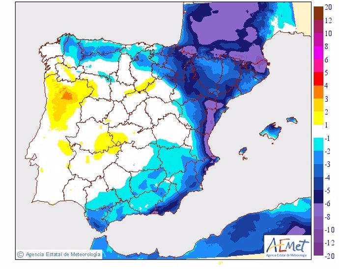 Mapa de variación de temperaturas máximas de la Aemet