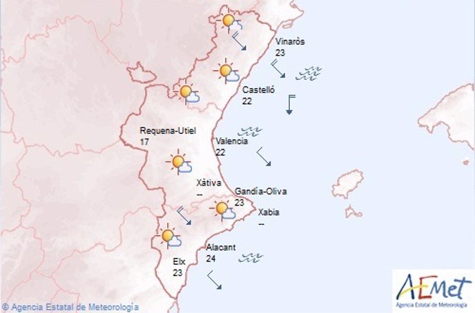 Mapa de temperaturas de la Comunitat Valenciana a primera hora del jueves
