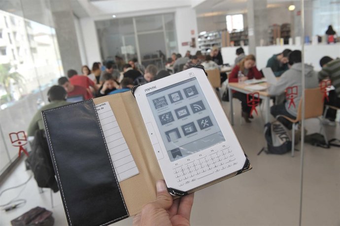 Biblioteca, ebook, dispositivo electrónico, lectura, libro, leer