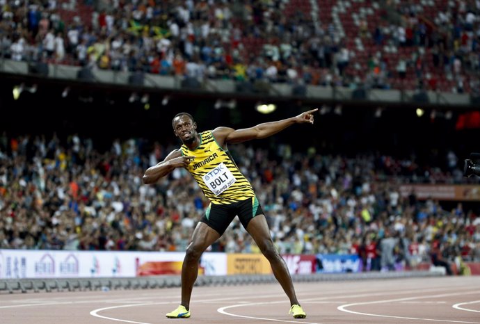 Usain Bolt tras ganar el oro en el Mundial de Pekín 