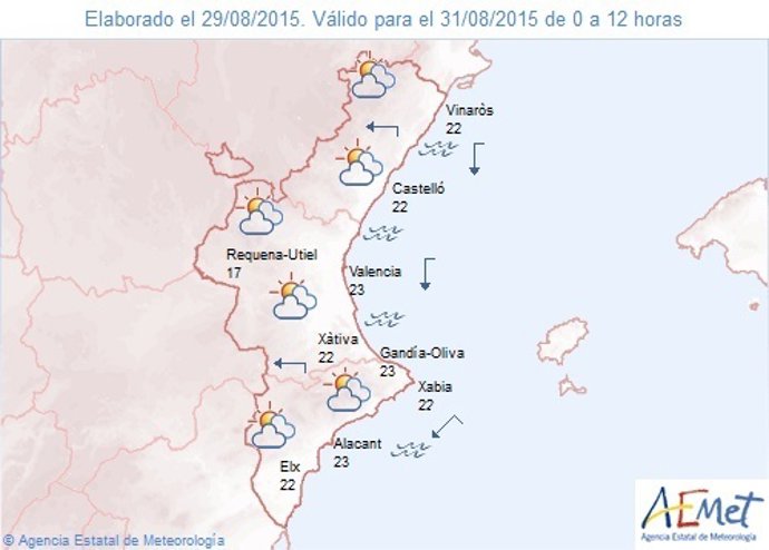 Mapa meteorológico de la Comunitat para el lunes 31 de agosto
