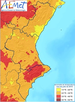 Anomalía en la temperatura del mes de julio en la Comunitat Valenciana