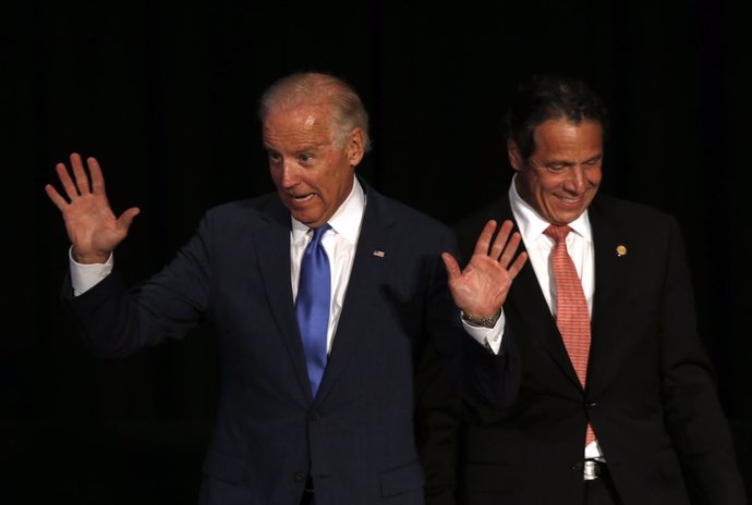 U.S. Vice President Joe Biden takes the stage with New York Governor Andrew Cuom