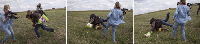 La reportera Petra Laszlo zancadilleando a un inmigrante