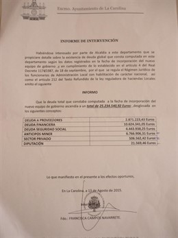 Informe de la deuda del Ayuntamiento de La Carolina