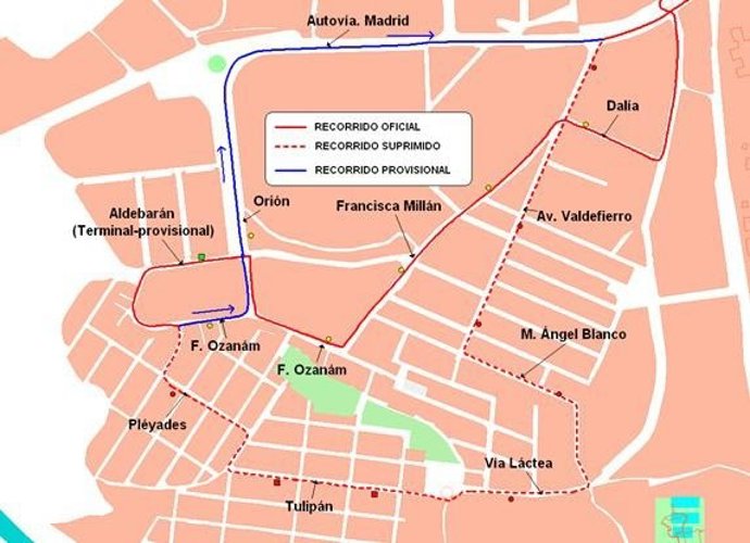 Trayecto provisional de la línea 24 en Valdefierro