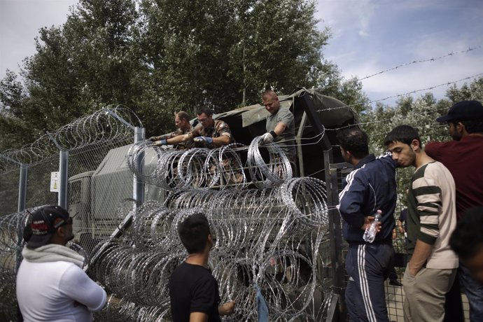 Construcción de la valla en la frontera entre Hungría y Serbia