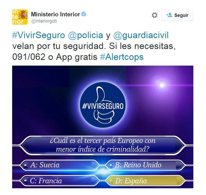 Tuit del Ministerio de Interior para la campaña #VivirSeguro