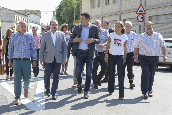 Lambán, Sánchez y Sumelzo en su visita este martes a Alagón (Zaragoza)