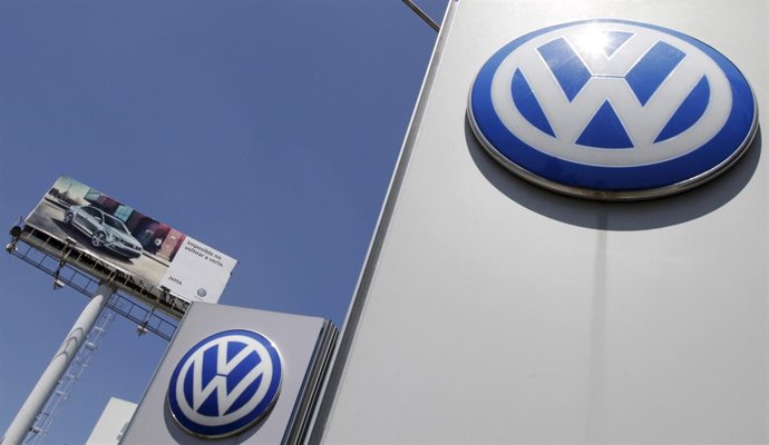The logo of German carmaker Volkswagen is seen at the Volkswagen (VW) automobile