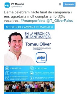 Tweet del PP de Marratxí en campaña