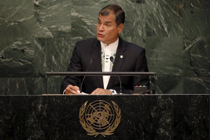 Ecuador's President Correa addresses a plenary meeting of the United Nations Sus