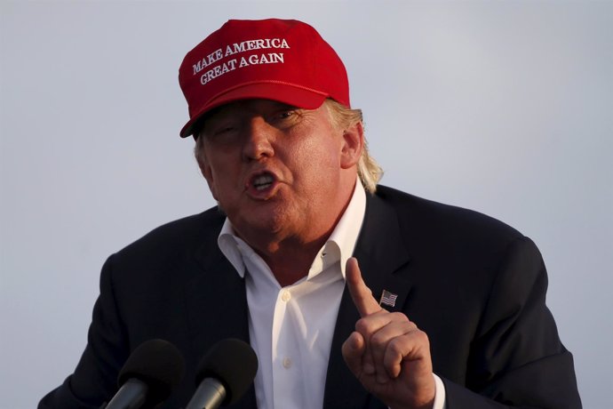 U.S. Republican presidential candidate Donald Trump speaks on the USS Iowa in Sa