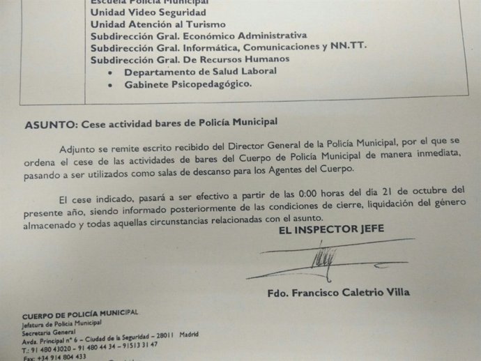 Escrito sobre el cese de los bares de la Policía Municipal