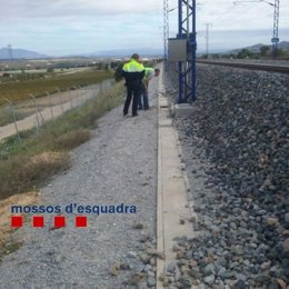Mossos inspeccionando la línea de AVE afectado