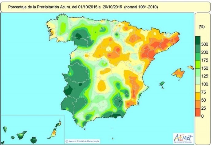 Distribución de las lluvias en España entre el 1 y el 20 de octubre de 2015