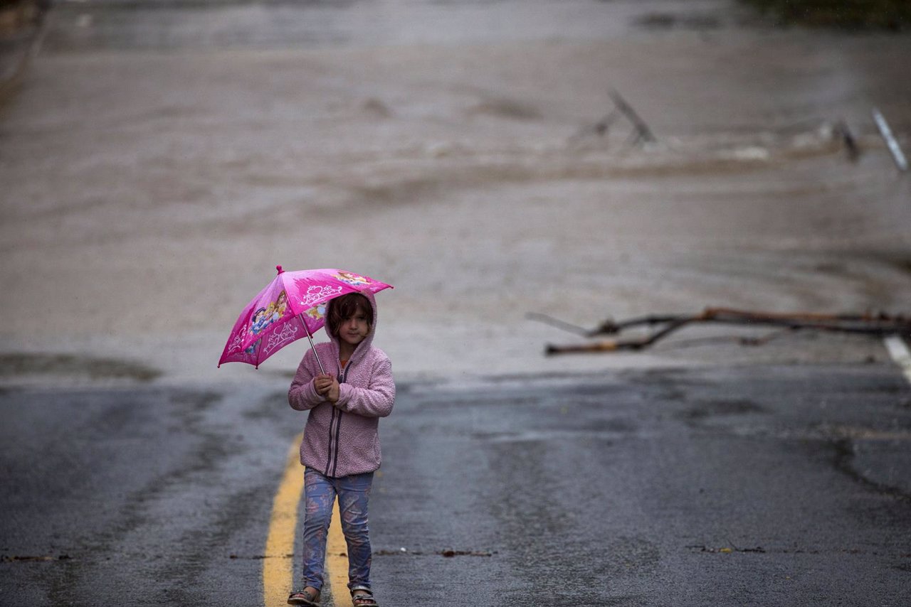 Siobhan Nelson, 4, uses an umbrella to guard against the rain while visiting a f