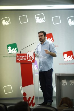 Alberto Garzón en una rueda de prensa en Madrid