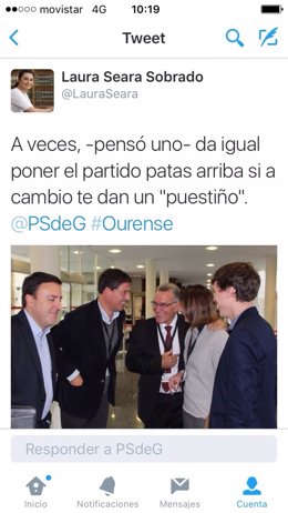 Tuit de Laura Seara crítico con el alcalde de O Barco, compañero de partido