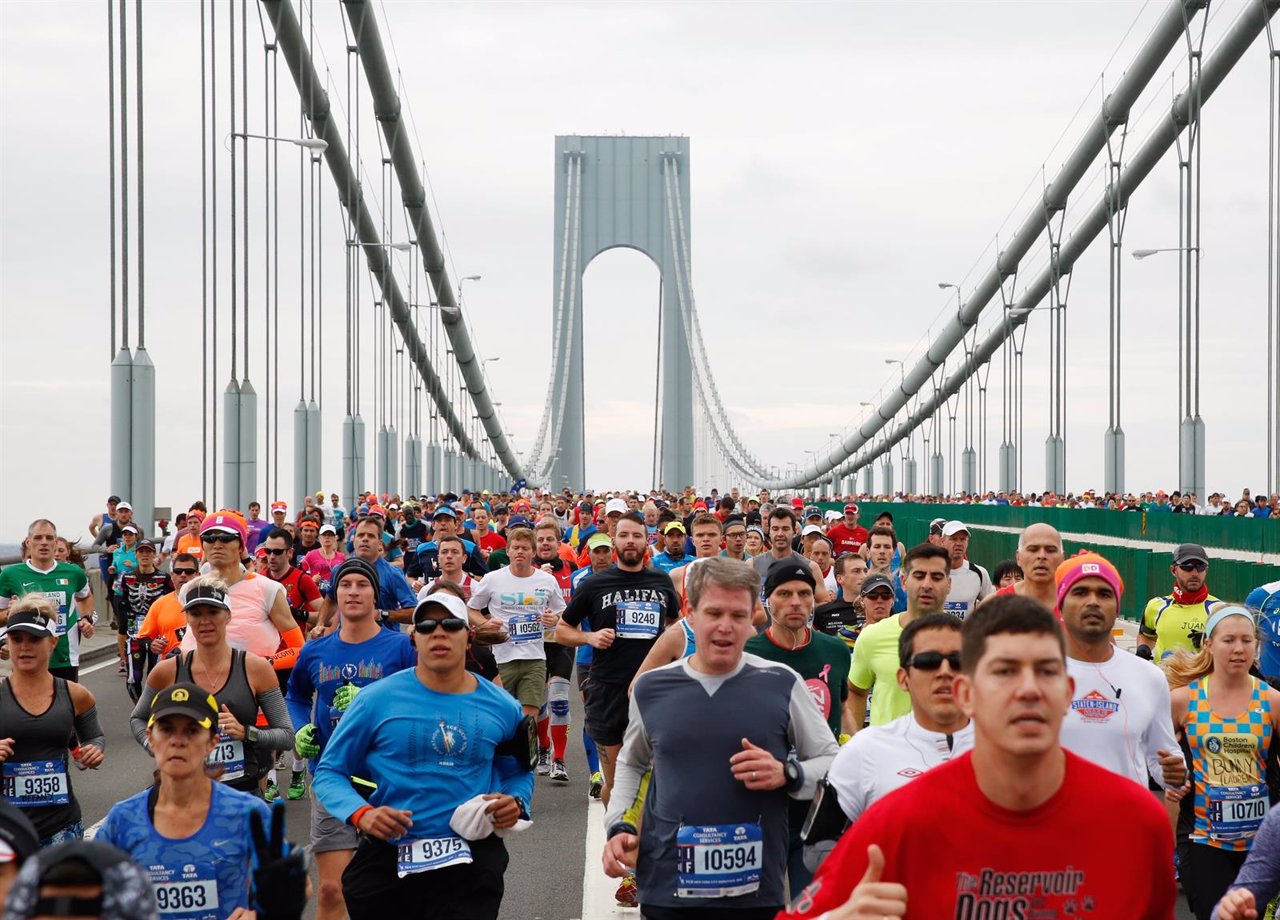 Runners cross the Verrazano-Narrows Bridge shortly after the start of the New Yo