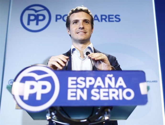 Pablo Casado en la sede del PP