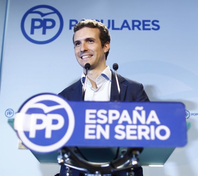 Pablo Casado en la sede del PP