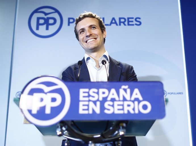 Pablo Casado en la sede del PP
