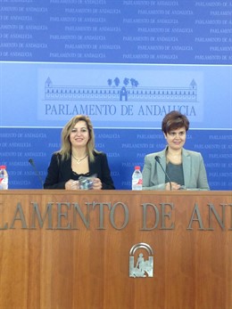 Las diputadas de Podemos, Carmen Lizárraga y Esperanza Gómez, en rueda de prensa